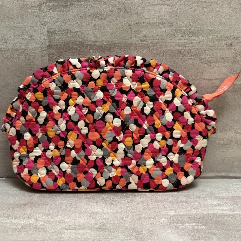 Vera Bradley Large Ruffle Cosmetic MakeUp‎ Bag Pink Orange White Polka-dots